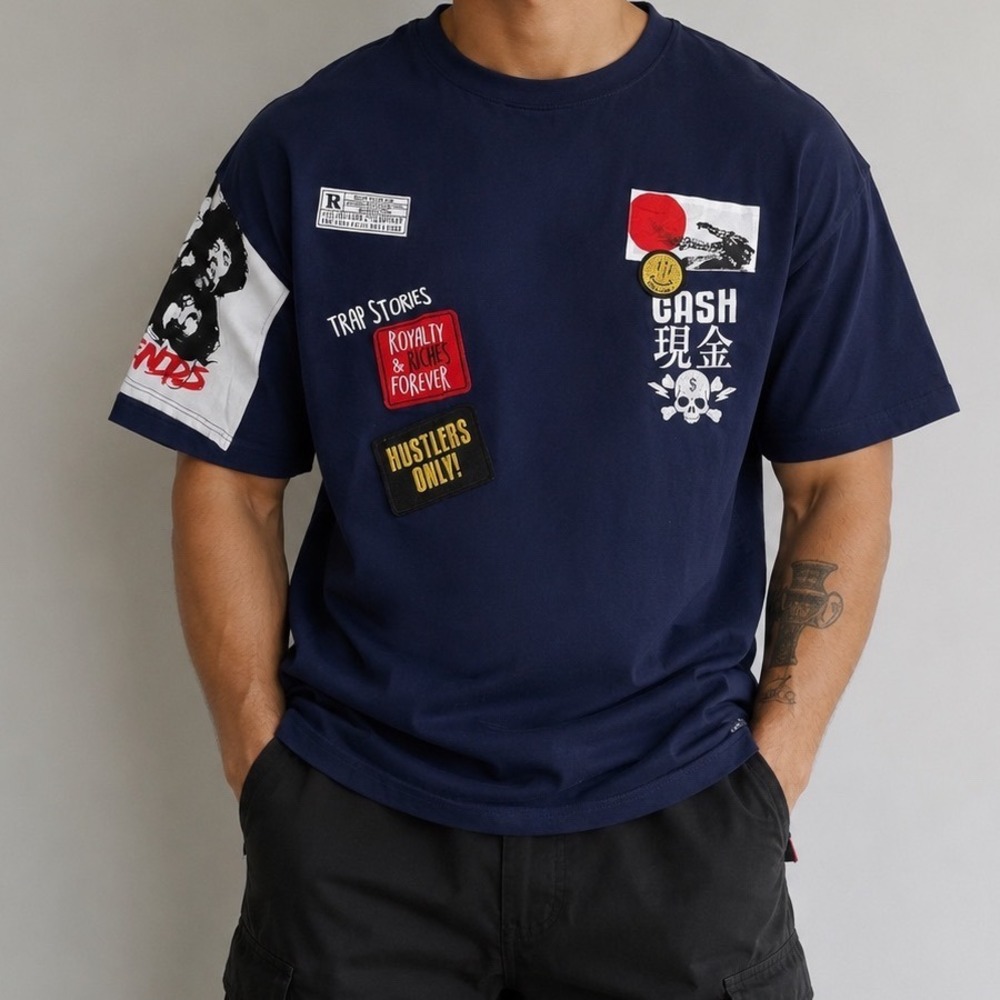 Makobi Trap Stories Navy Blue Graphic T-Shirt Japan Tiger Patches‎ Mens 3XB M108